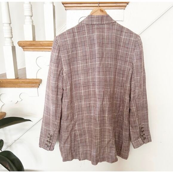 Maeve Double Breasted Blazer Brown Plaid Cotton Linen Blend Size 8 - Picture 8 of 9